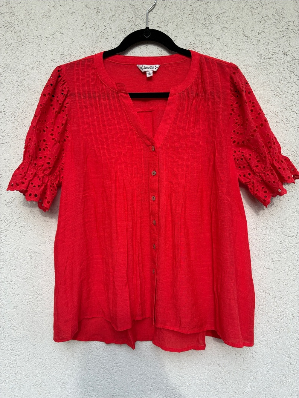Nanette Nanette LePore Orangey-Red Eyelet short sleeve Button Front v neck top